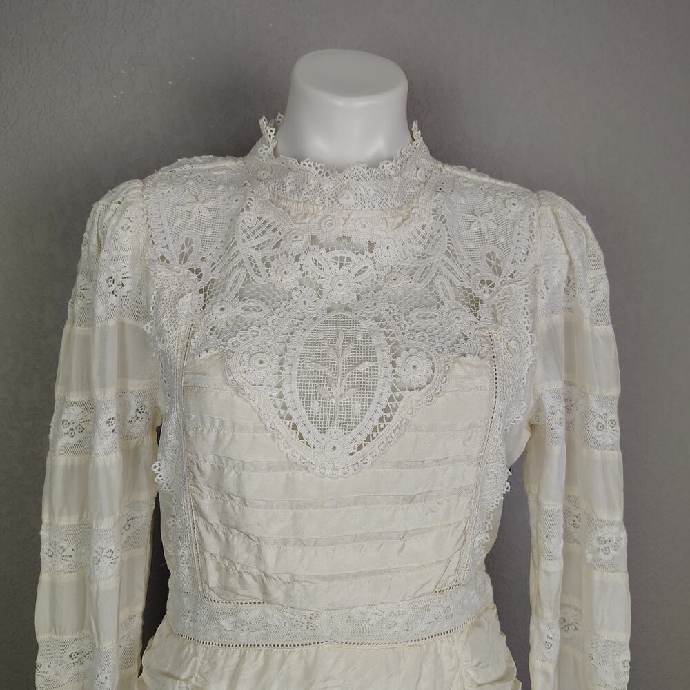 Loveshackfancy Harmon Silk Victorian High Neck Lace Mini Dress White Cream Sz 10 - Picture 11 of 16